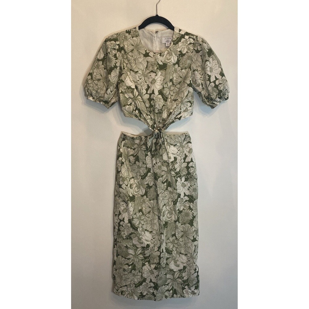 J Crew Dres Sz 0 Womens Liberty of London Green Floral Waist Cut Out Midi